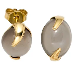 Stecker Ohrstecker mit Mondstein grau, 585 Gold Gelbgold, oval, Damen