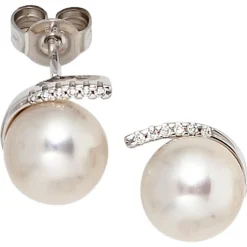 Wunderschöne Ohrstecker aus 585 Weißgold mit Perlen & 12 Diamanten 0.04Ct